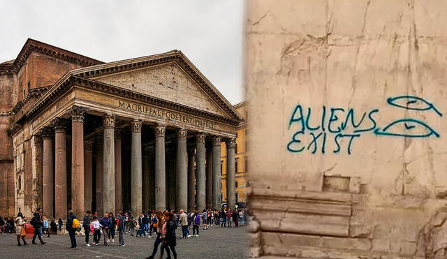 Restauradores ya se encuentran trabajando para borrar grafiti del Panteón de Roma. Foto: Usuario NikonZ7II/ El Mundo