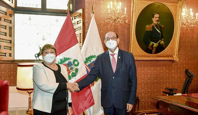 Visita. Bachelet fue recibida por el canciller César Landa y el ministro de Justicia, Félix Chero. Foto: difusión