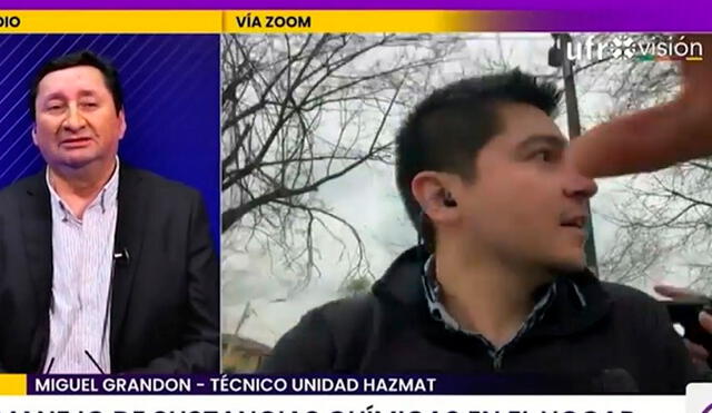 Miguel Grandón, bombero de la unidad técnica Hazmat, fue asaltado mientras daba una entrevista en vivo para la televisión. Foto: captura Ufrovisión
