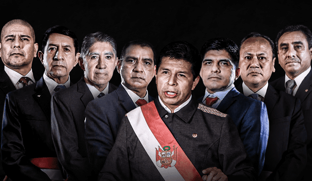 Dimitri Senmache, Alfonso Chávarry, Avelino Guillén, Luis Barranzuela, Juan Carrasco, Mariano González y Willy Huerta Olivas son los 7 ministros del Interior en la era Castillo. Foto: diseño de Jazmín Ceras / La República