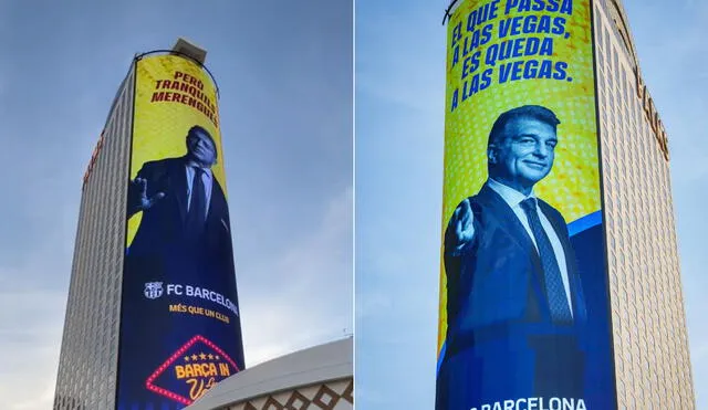 "Tranquilos, merengues. Lo que pasa en Las Vegas, se queda en Las Vegas", señala el cartel de Laporta. Foto: Composición/FC Barcelona.