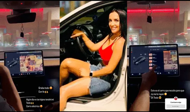 Rosángela Espinoza se subió a un costoso auto Tesla en su viaje a Estados Unidos. Foto: composición LR/Instagram/Rosángela Espinoza