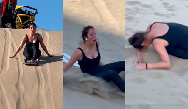 Karen Schwarz casi se va de cara tras intento fallido de hacer sandboarding en Ica. Foto: composición LR/captura/Instagram