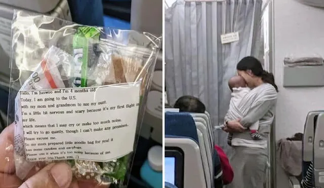 La mujer de nacionalidad coreana pasó por los asientos de cada pasajero para entregarles una pequeña bolsita. Foto: composición LR/captura de YouTube/Liry Onni