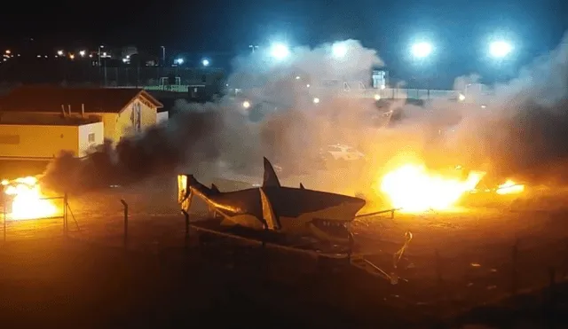 En medio de los vehículos quemados, se puede ver al 'Tiburón', mascota oficial de Aldosivi. Foto: Twitter/difusión