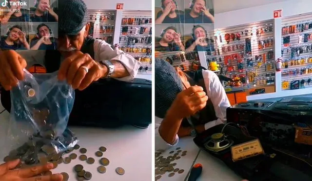 Con el propósito de sentir cerca a su fallecida esposa, el adulto mayor ahorró una gran cantidad de monedas para llevarla a reparar. Foto: composición LR/TikTok/