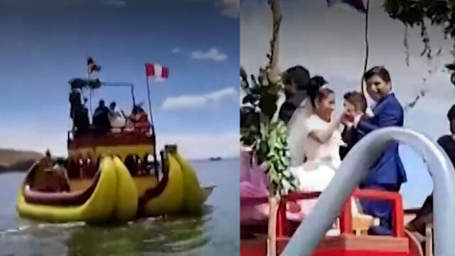 Puno: novios sellaron su amor en una embarcación en medio del lago Titicaca. Foto: composición LR/capturas de América TV