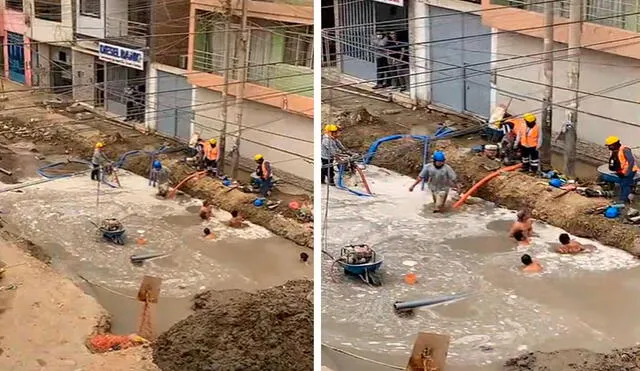 Al parecer, los trabajadores aprovecharon unos minutos para refrescarse en el agua que estaba en un improvisado hoyo. Foto: composición LR/TikTok/@WhoIsJuanJosé.0