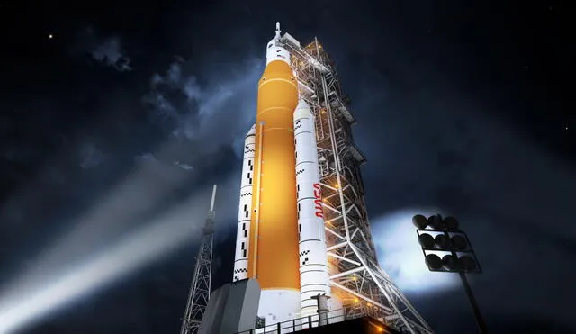 El cohete Space Launch System (SLS) ubicado en su plataforma de lanzamiento, en Cabo Cañaveral, Florida, Estados Unidos. Foto: NASA