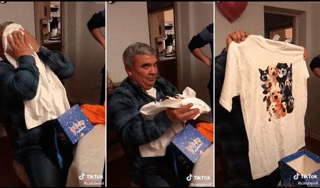 El hombre no pudo contener las lágrimas al ver estampados a sus mascotas en el polo que le regalaron. Foto: composición LR/captura de TikTok/@Catybernill