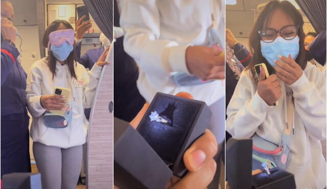 Muchos de los pasajeros, al percatarse de la romántica declaración, sacaron sus celulares para inmortalizar el momento. Foto: composición LR/@nyx.pe/TikTok