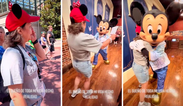 Cuando vio a Mickey Mouse, no se resistió y lo abrazó por un largo tiempo al sentir que volvió a su niñez. Foto: composición LR/TikTok/@cecygarza1