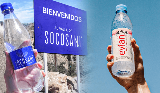 Socosani es una marca peruana que se distingue entre las marcas extranjeras de agua como Evian. Foto: composición de Jazmin Ceras/Facebook/Socosani Agua Mineral/Facebook/Evian
