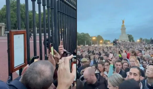 Gran multitud fuera del Palacio de Buckingham mientras se muestra el aviso oficial de la muerte de la reina Isabel II. Foto: composición AFP