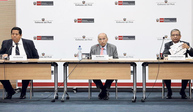 Al detalle. El ministro Kurt Burneo, junto con los viceministros de Economía y de Hacienda, explicó el paquete de medidas dispuestas en el plan de reactivación económica a corto plazo. Foto: Antonio Melgarejo/La República Al detalle. El ministro Kurt Burneo, junto con los viceministros de Economía y de Hacienda, explicó el paquete de medidas dispuestas en el plan de reactivación económica a corto plazo. Foto: Antonio Melgarejo/La República