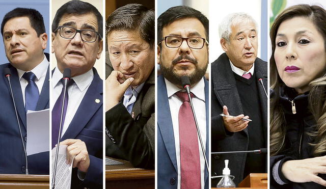 (De izquierda a derecha) José Williams, Luis Aragón, Guido Bellido, Carlos Zeballos, José Elías y Lady Camones buscan presidir el Congreso. Foto: composición La República