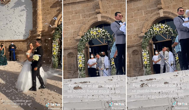 El papá de la novia comenzó a recoger el confeti lanzado en la puerta de la iglesia. Foto: composición LR/captura de TikTok/@Jazminvers