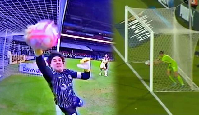 El VAR dictaminó que Memo Ochoa sacó la pelota antes de que ingrese en su totalidad. Foto: captura de TUDN/captura de Movistar Deportes