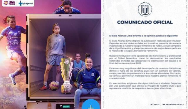 Alianza Lima se pronunció sobre la publicación eliminada de Movistar Deportes. Foto: composición LR/captura de Twitter/Alianza Lima