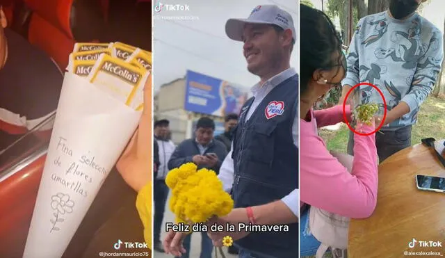 Diversos videos se hicieron virales el 21 de septiembre, el día en que la gente regaló flores amarilla a sus seres queridos. Foto: composición LR/captura de TikTok