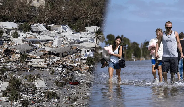 Personas cargan sus pertenencias mientras caminan por un vecindario inundado después del huracán Ian en Fort Myers, Florida. Foto: composición LR/AFP