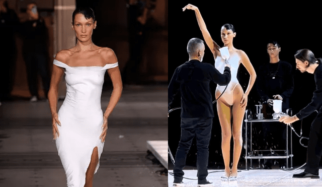 Bella Hadid se luce en pasarela modelando un vestido hecho de spray.  Foto: composición LR/ captura de Twitter