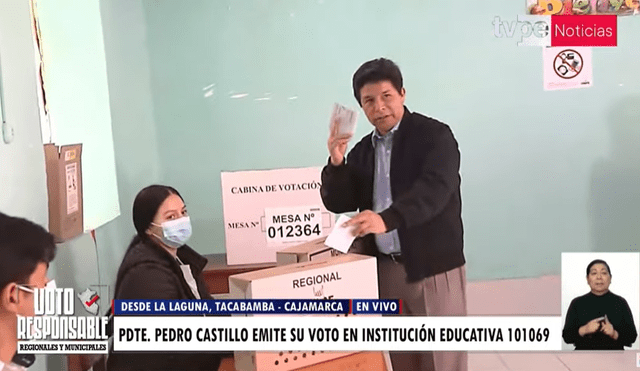 Pedro Castillo emitió su voto desde Tacabamba en Cajamarca correspondiente a las Elecciones Regionales y Municipales 2022. Foto: captura de TV Perú Noticias