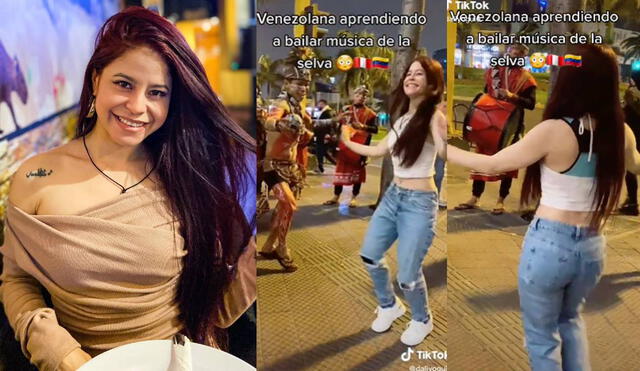 Gusdalia Becerra es una tiktoker que se viralizó en redes sociales tras protagonizar una escena en la que bailó música de la selva en Miraflores. Foto: composición LR/captura de TikTok/@daliyogui6