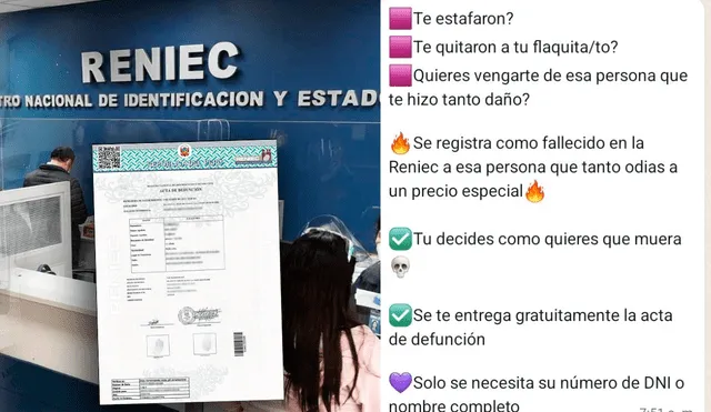 Reniec: denuncian que por medio de WhatsApp ofrecen "matar" en el sistema de Reniec a personas vivas. Foto: composición LR/Reniec/Twitter/alexdvsv