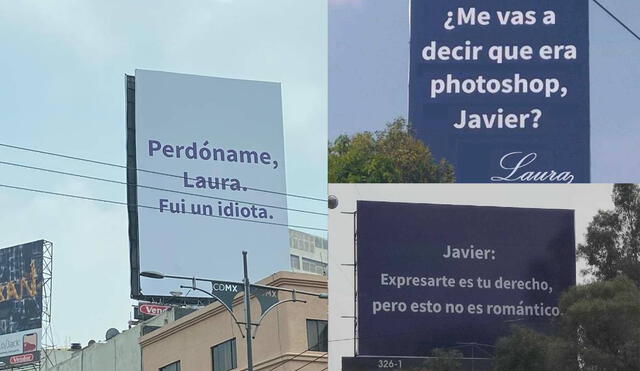 Laura le dedicó varios mensajes de respuesta a Javier en paneles publicitarios en la Ciudad de México. Foto: composición LR/captura de Twitter/@noti13tabasco