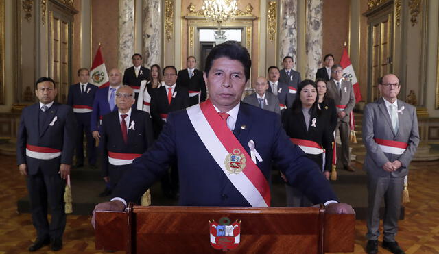 Pedro Castillo dio mensaje a la Nación desde Palacio de Gobierno junto con los ministros de Estado. Foto: Presidencia