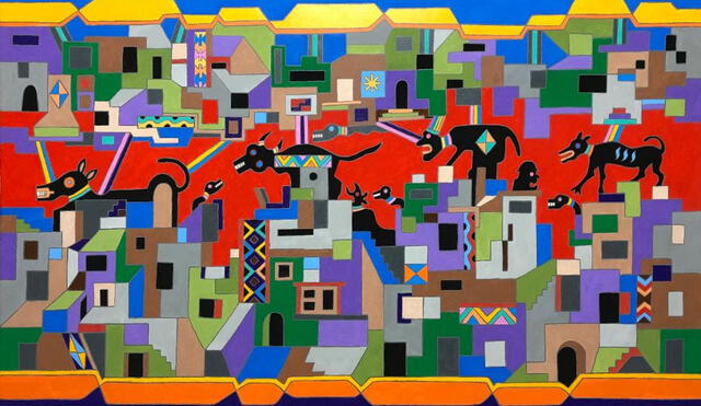 "Ciudad invadida", una de las hermosas  pinturas, en acrílico, que se exhibirán en la muestra "Mito y modernidad". Foto: Difusión.