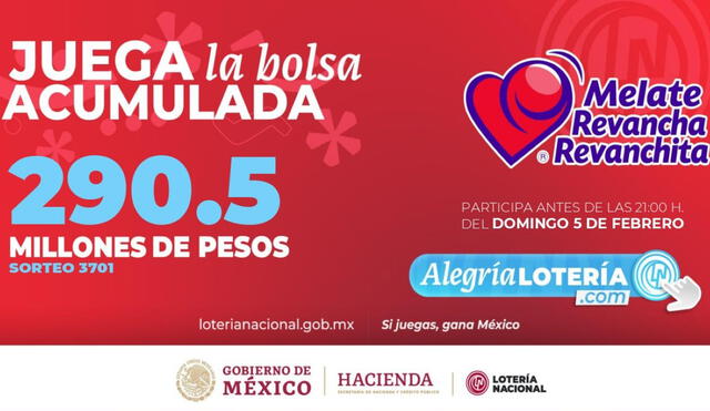 El sorteo Melate de Hoy, 5 de febrero tiene un pozo vacante de 290. 5 millones de pesos. Foto: Lotería Nacional