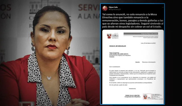 Digna Calle oficializa su renuncia al pago de remuneración como congresista. Foto: composición LR/Vía Twitter