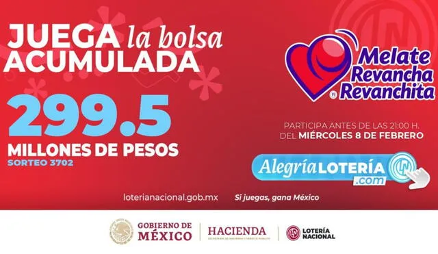 El sorteo Melate de hoy, 8 de febrero, tiene un pozo de 299.5 millones de pesos. Foto: Lotería Nacional