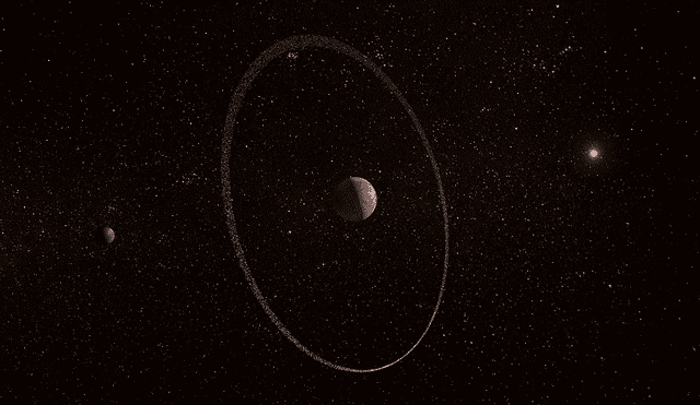 Ilustración del planeta enano Quaoar, su denso anillo y su pequeña luna Weywot. Foto: Agencia Espacial Europea (ESA)