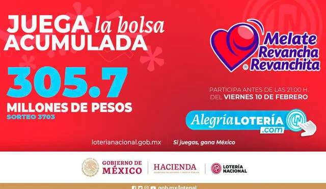 El sorteo Melate del 10 de febrero tiene un pozo de 305.7 millones de pesos. Foto: Lotería Nacional