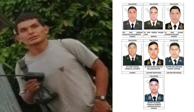 El narcoterrorista Carlos y los 7 integrantes de la PNP fallecidos en el VRAEM. Foto: composición LR