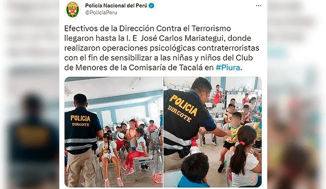 Evidencia. La propia Policía Nacional, desde su cuenta, difundió la actividad con los niños. Foto: difusión