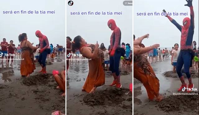 Los usuarios se mostraron preocupados por el bienestar de la señora que cayó a la arena. Foto: composición de LR/TikTok/@Spidermanbusetero