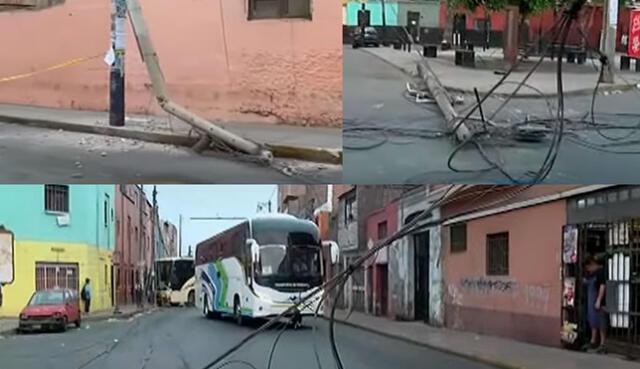 Caída de dos postes en Rímac, generó tráfico vehicular esta mañana. Composición: LR / Video: Panamericana TV