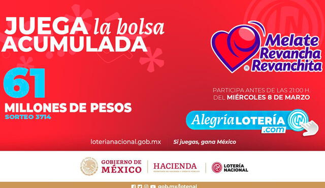 Sorteo Melate de HOY, 8 de marzo tiene 61 millones de pesos de premio. Foto: Lotería Nacional