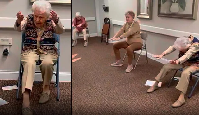 Jean Bailey, de 102 años, dirige una clase de ejercicios para féminas en un hogar para adultos mayores. Foto: captura de Elk Ridge Village