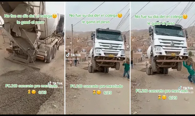El chofer no imaginó que su camión terminaría en posición vertical con la carga de cemento. Foto: composición de LR/TikTok/@Inverconoficialraulito