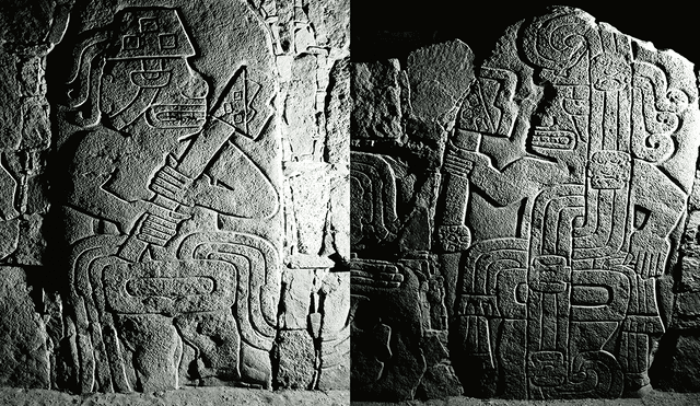 Personajes. Fotografías que recrean guerreros esculpidos en las paredes del templo Sechín. Foto: difusión