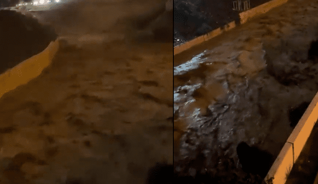 Las intensas lluvias en la sierra y Lima Metropolitana han provocado que las aguas del río Rímac aumenten y provoquen una fisura en el muro que lo separa de la pista. Foto: La República