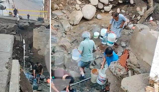 Vecinos de calle Los Guacamayos recolectan agua de tuberías rotas. Video: Latina