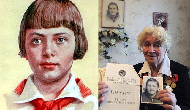 Galya Portnova junto a fotografías de su hermana Zinaida Portnova, joven que envenenó a cien nazis. Foto: Globallock Press /Mazy.