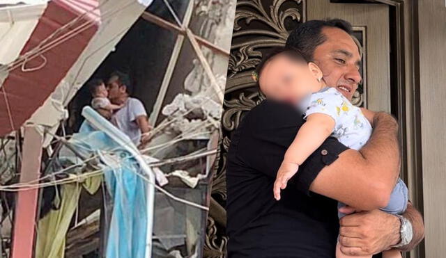 El padre abraza y besa a su pequeña hija mientras estaba atrapado entre los escombros de una vivienda en Pasaje. Foto: composición LR/Twitter/Alex Lima