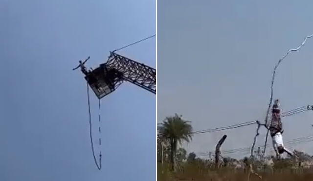 La cuerda que mantenia sujeto al hombre, se rompió justo cuando terminaba su salto. Video: @obrindependente/Twitter